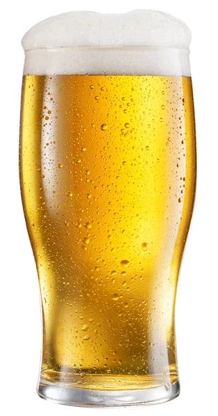Glass of chilled beer with large head of foam isolated on white background. Clipping path.