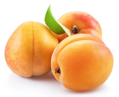 Beyaz arka planda yeşil yapraklı üç olgun kayısı..