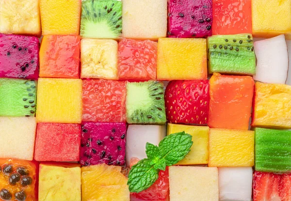 Owocowe Puzzle Kolorowe Tło Żywności Lub Wzór Ułożone Różnych Kostek — Zdjęcie stockowe