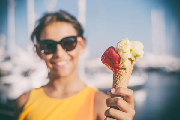 Happy Smiling Girl Holding Ice Cream Cone Colorful Ice Cream — Stock Photo, Image