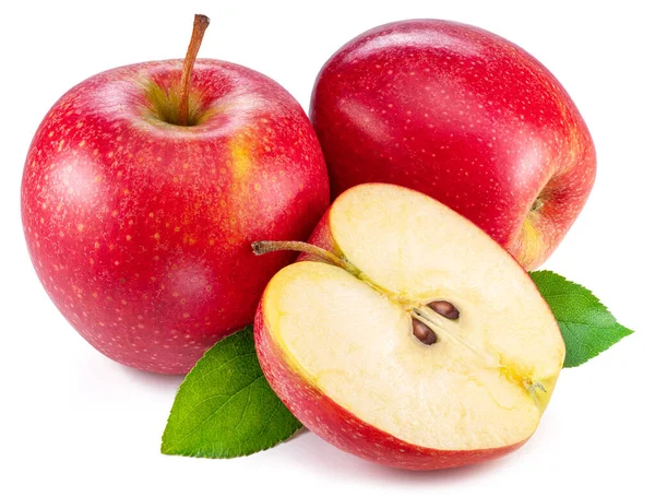 Mogna Röda Äpplen Och Äpple Skiva Isolerad Vit Bakgrund — Stockfoto