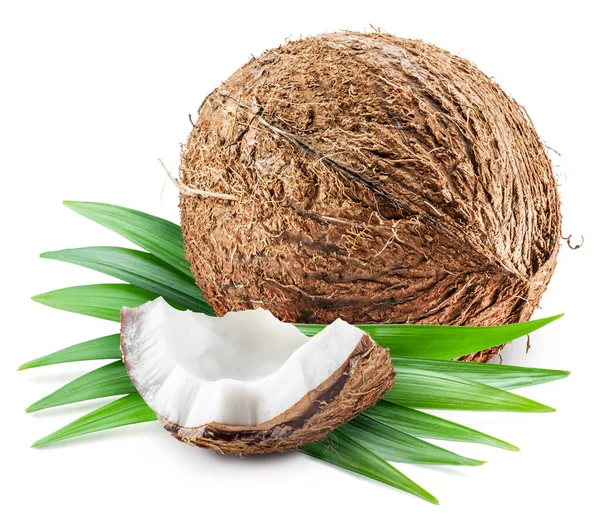 Kokosfrukt Med Bit Kokos Vit Bakgrund — Stockfoto