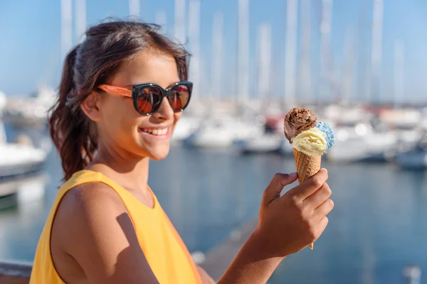 Happy Smiling Girl Holding Ice Cream Cone Colorful Ice Cream — Stock Photo, Image