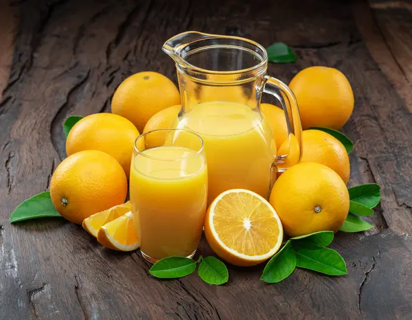 Yellow Orange Fruits Fresh Orange Juice Isolated Dark Wooden Background — Stock Photo, Image