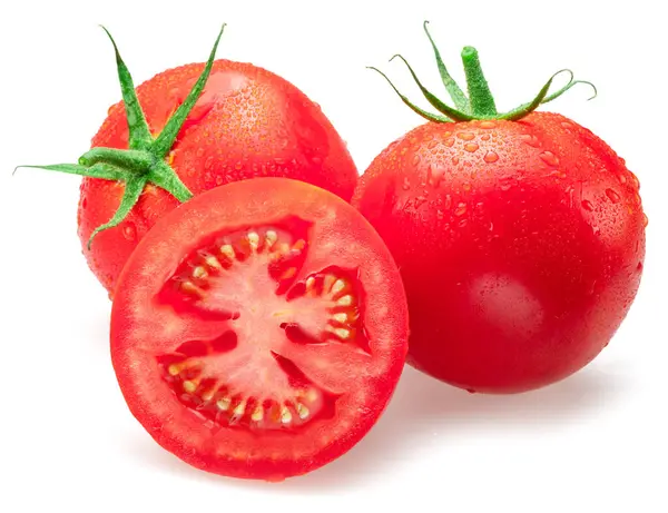 Freshly Washed Red Tomatoes Covered Water Drops White Background — Stock Photo, Image