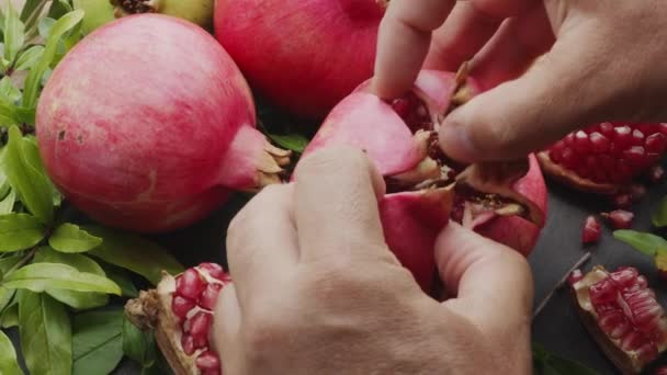 Man Hands Open Ripe Cut Pomegranate Several Parts Background Pomegranates — Stock Video