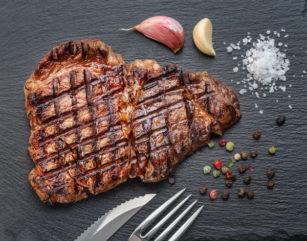 Grilled Delicious Ribeye Steak Some Seasonings Black Slate Serving Plate —  Fotos de Stock