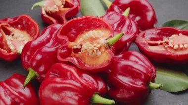 Habanero biberli kırmızı kırmızı kırmızıbiberli habanero biberleri çerçeve boyunca yavaşça ilerler. Projeleriniz için sebze biberi arka planınız güzelmiş..