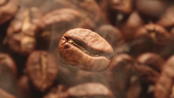 Makro Zeitlupenvideo Einer Rotierenden Kaffeebohne Mit Einem Unscharfen Hintergrund Röstender — Stockvideo