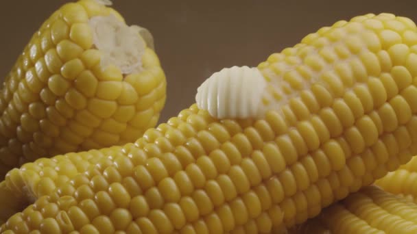 Pedaço Manteiga Movido Lentamente Longo Espiga Cozida Madura Milho Bela — Vídeo de Stock