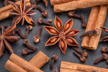 Sıcak şarap yıldızı anason, tarçın, karanfil ve makro için bir sürü baharat. Projeleriniz için harika bir özgeçmiş.
