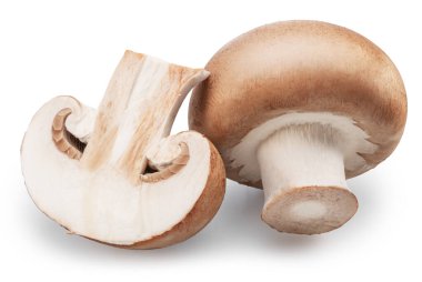 Olgun kraliyet şampiyonu mantarları ve beyaz bir arka planda şampiyonlar dilimleri. Projelerin için güzel bir sebze arka planı. Kesme yolu.