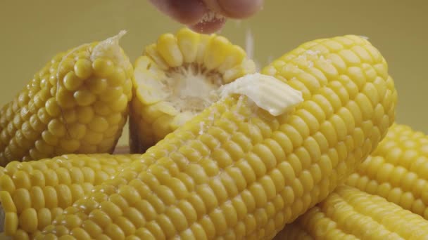 Kousek Másla Pomalu Pohybuje Zralé Vařené Kukuřičné Klasy Pěkné Zázemí — Stock video