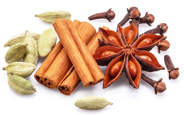 Lots Four Spices Mulled Wine Star Anise Cinnamon Cardamom Clove — Stock Photo, Image