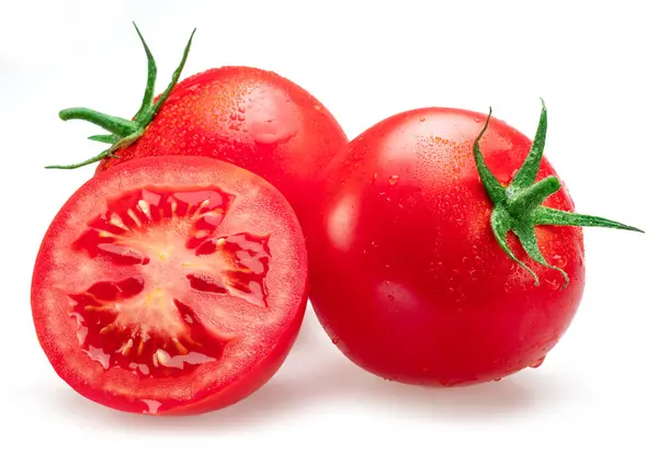 Freshly Washed Red Tomatoes Covered Water Drops White Background — Stock Photo, Image