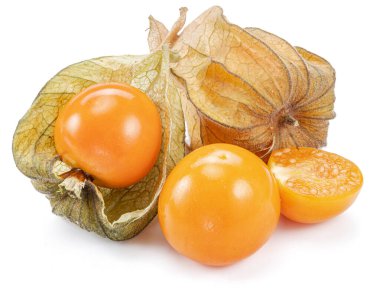 Beyaz arka planda izole edilmiş calyx cinsinden olgun bitki salatası ya da altın çilek..