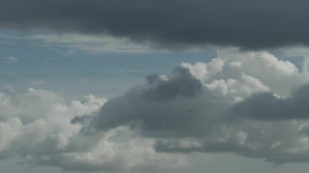 Літак Хмарному Небі Відстані Пролітає Крізь Хмари Прекрасний Нейтральний Фон — стокове відео