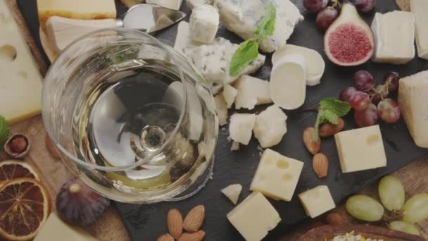 Tasting White Wine Variety Sliced Cheeses Fruits Mint Nuts Cheese — Stock Video