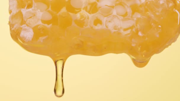 Honigtropfen Fließen Langsam Von Einer Bienenwabe Herab Gelber Hintergrund Makroaufnahme — Stockvideo