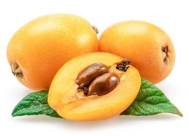 Beyaz arka planda yeşil yapraklı olgun loquats meyveleri.