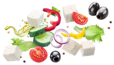 Greek salad ingredients flying in air. File contains clipping paths. clipart