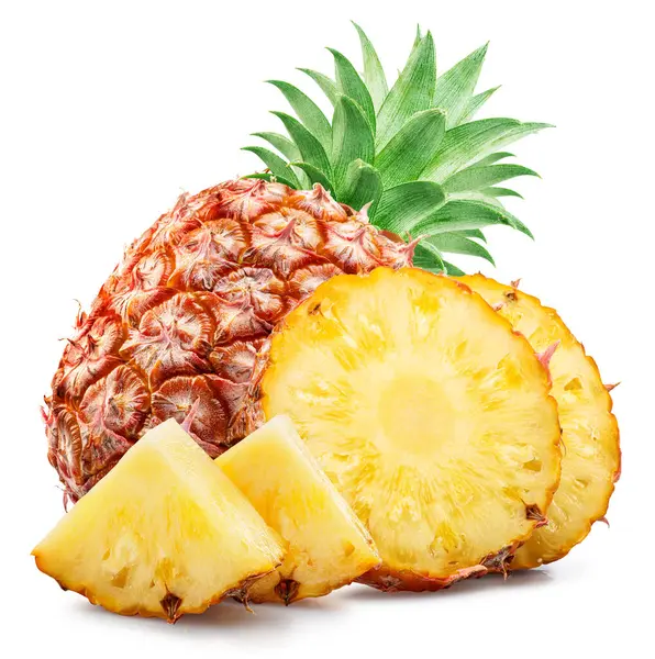Rijp Ananas Ananas Plakjes Geïsoleerd Witte Achtergrond Bestand Bevat Clipping — Stockfoto
