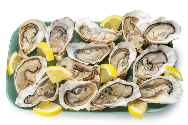 Opened Raw Oysters Blue Plate Top View Delicacy Food File Photo De Stock