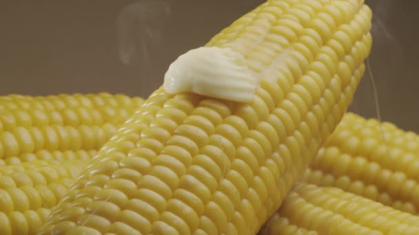 一片黄油沿着熟了的煮熟的玉米芯慢慢地移动着 很好的食物背景你的项目 宏观视频拍摄 — 图库视频影像