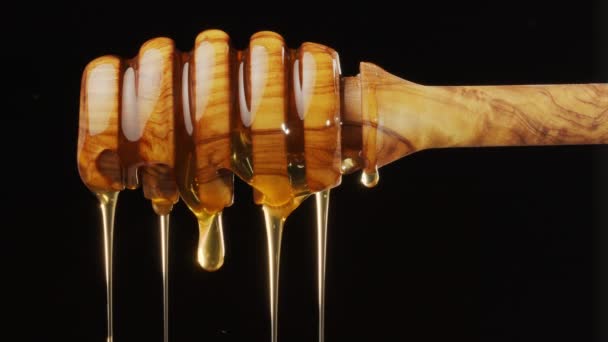 一滴滴的蜂蜜从一个木制蜂蜜搅拌器中流出 慢慢地滴落下来 黑色背景 为你的项目提供一个极好的食物背景 — 图库视频影像