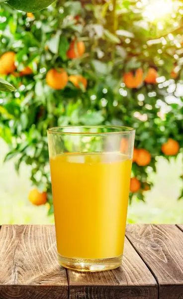 在木板或桌面上放一杯橙汁 模糊桔子园 把你的产品展示出来 — 图库照片