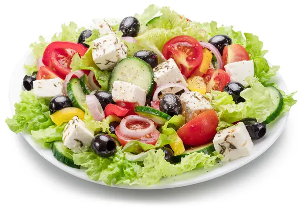 Griekse Salade Witte Plaat Geïsoleerd Witte Achtergrond Bestand Bevat Clipping Stockfoto