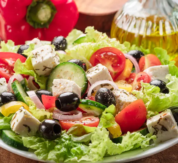 Görög Saláta Hozzávalók Záródnak Ízletes Élelmiszer Háttér Jogdíjmentes Stock Fotók