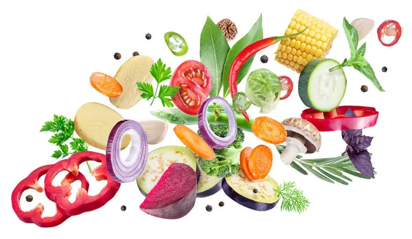 Kawałki Świeżych Warzyw Ziół Izolowane Białym Tle Koncepcja Żywności Ekologicznej — Zdjęcie stockowe