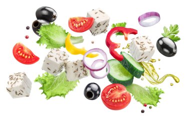 Greek salad ingredients flying in air. File contains clipping paths. clipart