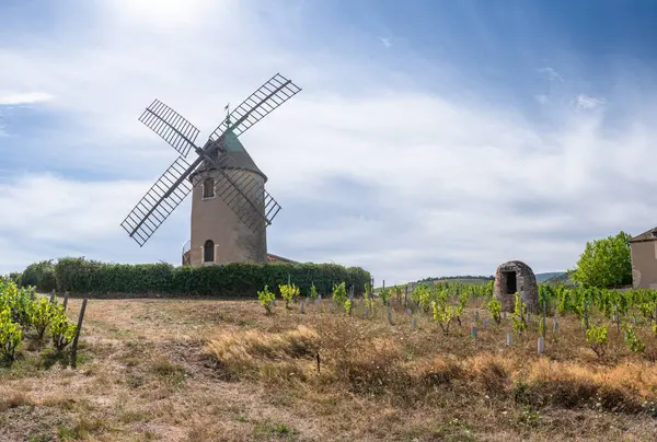 stock image The eponymous windmill of famous french red wine situated near Romaneche-Thorins. 