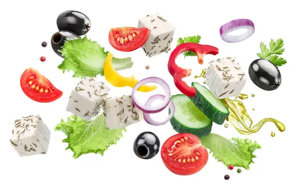 Griekse Salade Ingrediënten Vliegen Lucht Bestand Bevat Clipping Paden Stockfoto