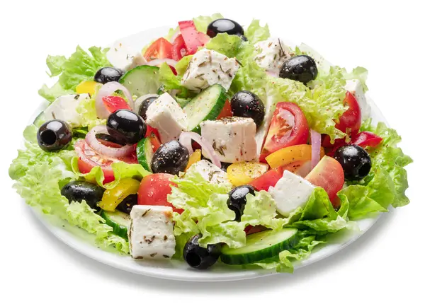 Griechischer Salat Auf Weißem Teller Isoliert Auf Weißem Hintergrund Datei lizenzfreie Stockbilder