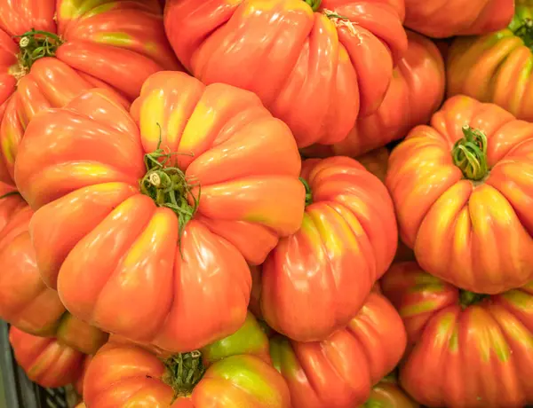 Rode Rijpe Tomaten Close Boerderij Marktkraam Voedselachtergrond Stockfoto