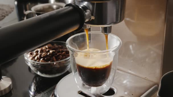 Kaffeemaschine Kaffee Die Kaffeetasse Gießen Nahaufnahme — Stockvideo