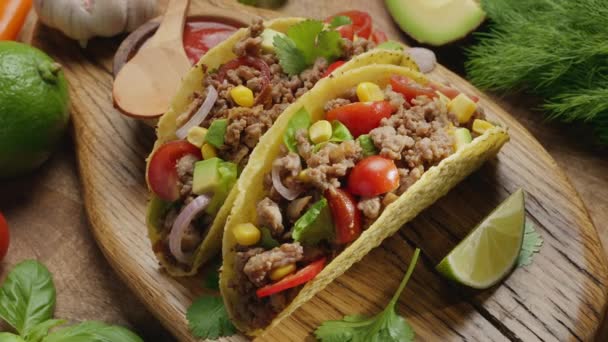 Two Meet Tacos Wooden Board Surrounded Fresh Herbs Vegetables Traditional — Stock Video
