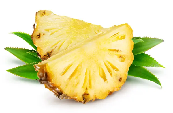 Zralé Ananasové Plátky Listy Izolovanými Bílém Pozadí Soubor Obsahuje Cestu Stock Obrázky
