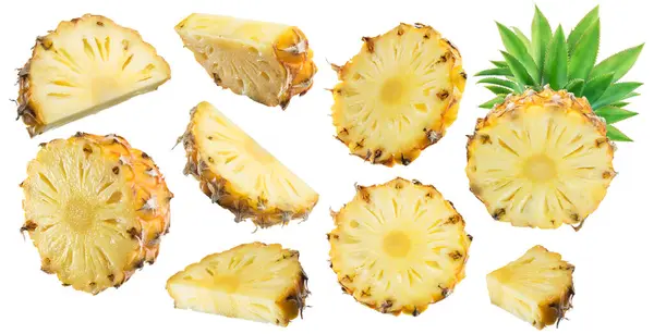Sada Zralých Ananasových Plátků Izolovaných Bílém Pozadí Soubor Obsahuje Výstřižkové Royalty Free Stock Obrázky