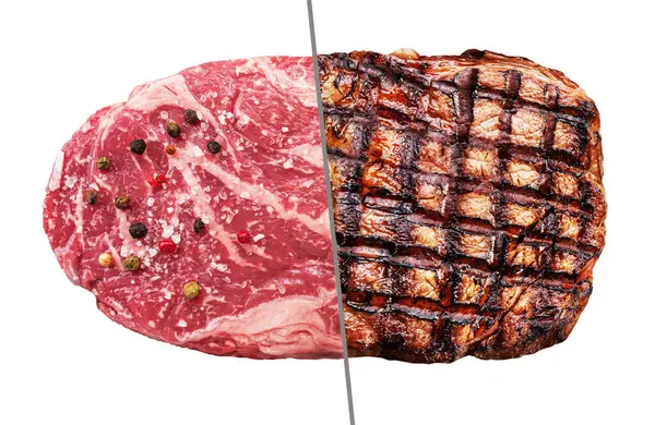 牛肉牛排由两个部分组成 一个是生的 烤在白色的背景上 牛排的概念图 图库照片
