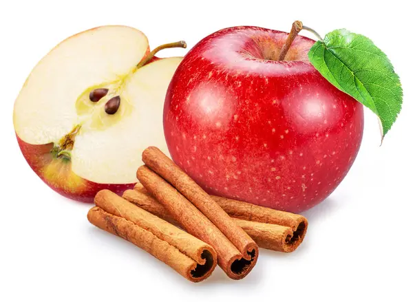 Κόκκινο Μήλο Φέτα Μήλου Και Ξυλάκια Κανέλας Απομονωμένα Λευκό Φόντο Εικόνα Αρχείου