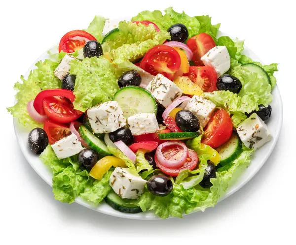Griekse Salade Witte Plaat Geïsoleerd Witte Achtergrond Bestand Bevat Clipping Rechtenvrije Stockfoto's