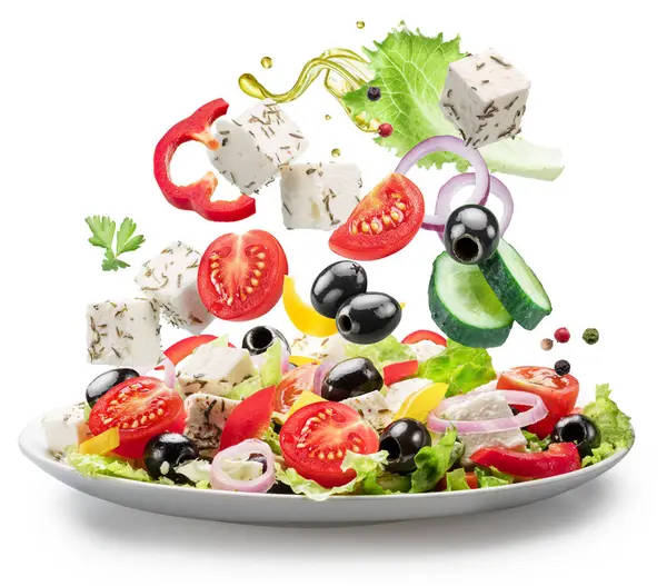 Fresh Vegetables Feta Cheese Falling White Plate Isolated File Contains Stock Picture