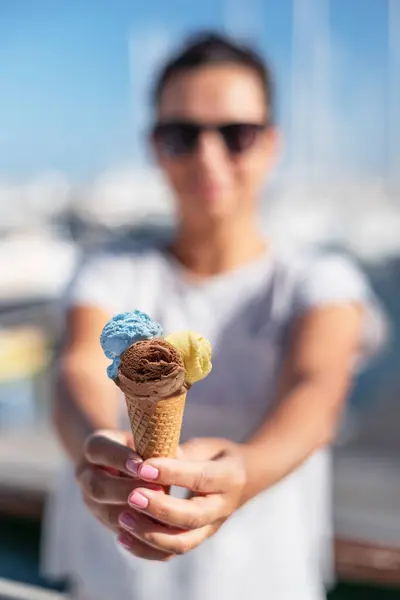 Happy Smiling Woman Holding Ice Cream Cone Colorful Ice Cream Stock Photo