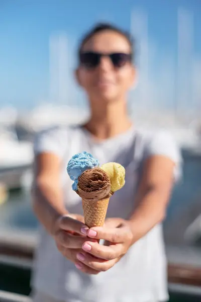 Happy Smiling Woman Holding Ice Cream Cone Colorful Ice Cream Stock Photo
