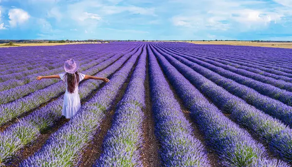 Ung Flicka Lavendelfältet Och Molnig Himmel Bakgrunden Brihuega Spanien Stockbild