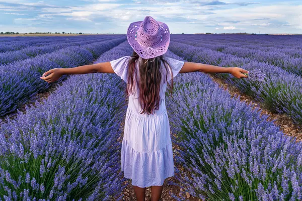 Ung Flicka Lavendelfältet Och Molnig Himmel Bakgrunden Brihuega Spanien Stockbild